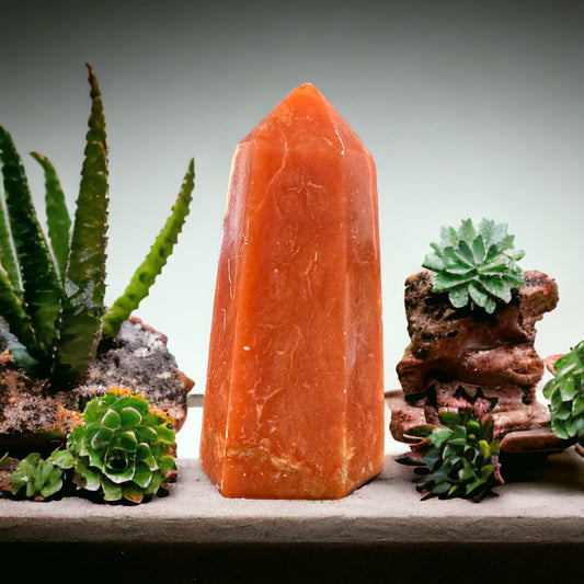 Orange calcite crystal tower