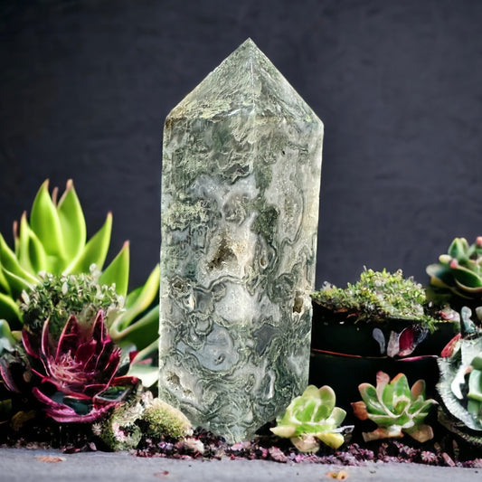 Moss agate crystal tower