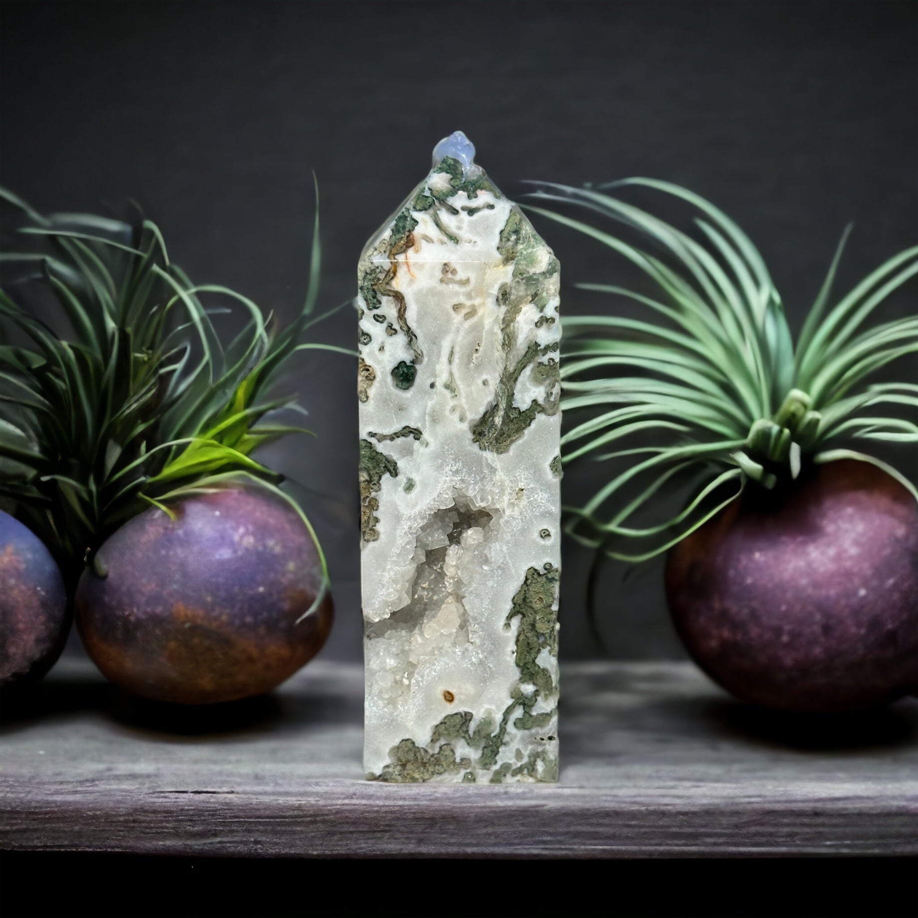 Moss agate crystal tower