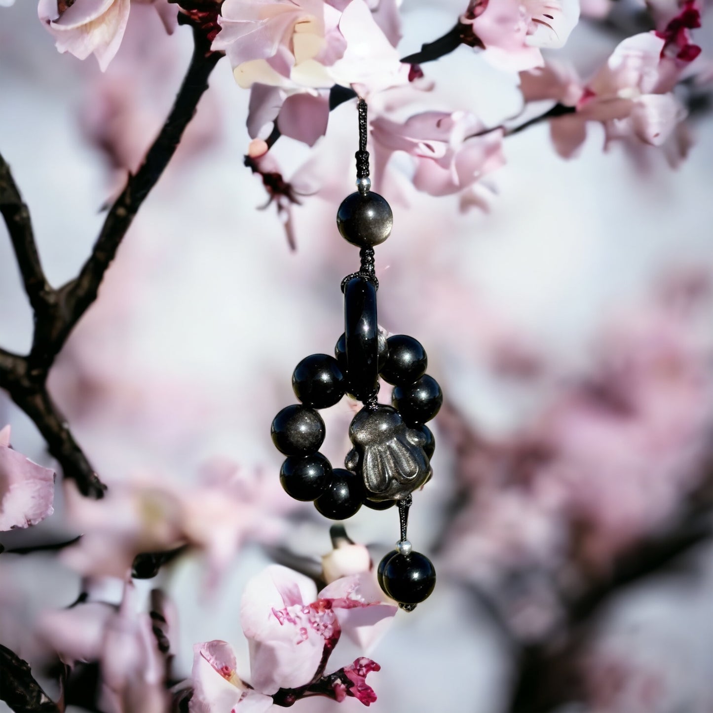 Obsidian and silver sheen crystal hanging