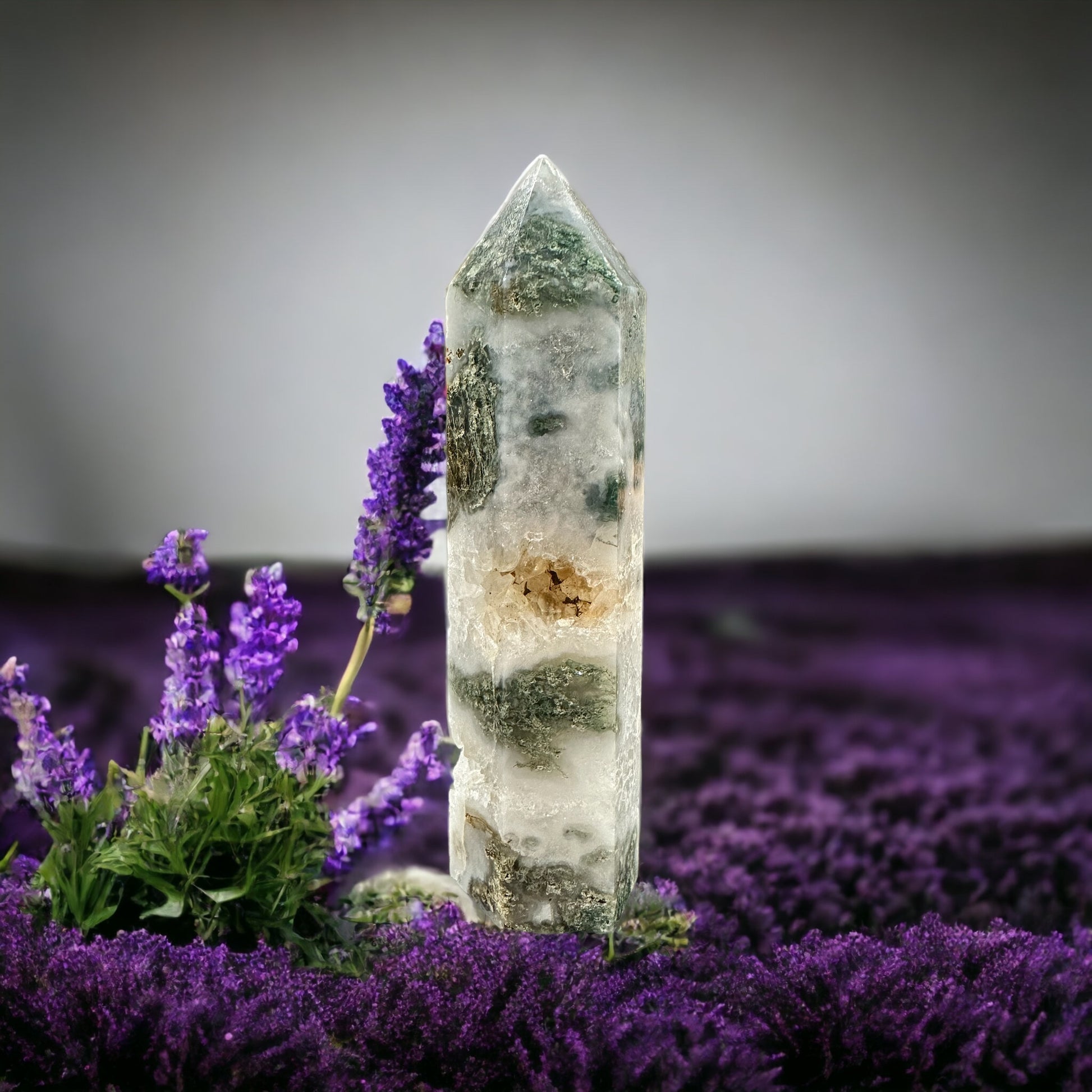 Moss agate crystal tower