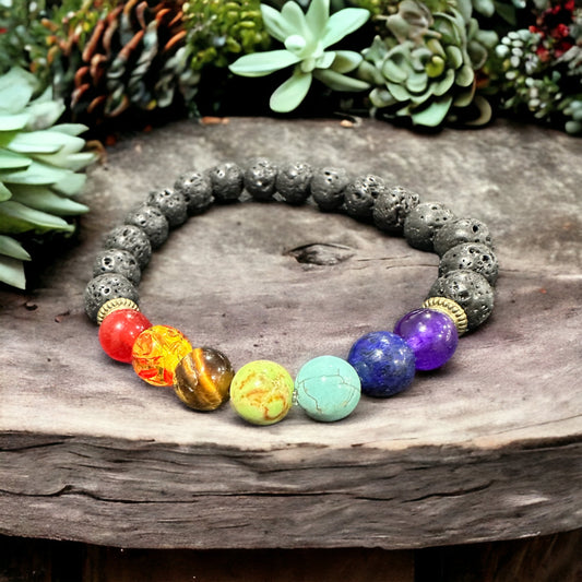 Chakra crystal and lava bead bracelet