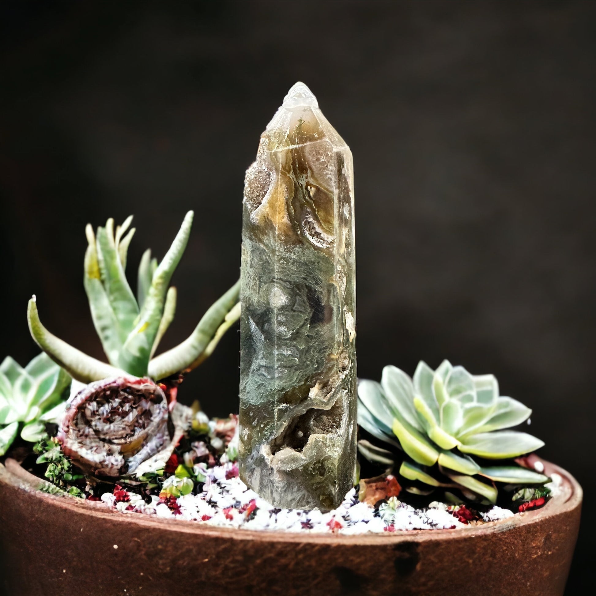 Moss agate crystal tower