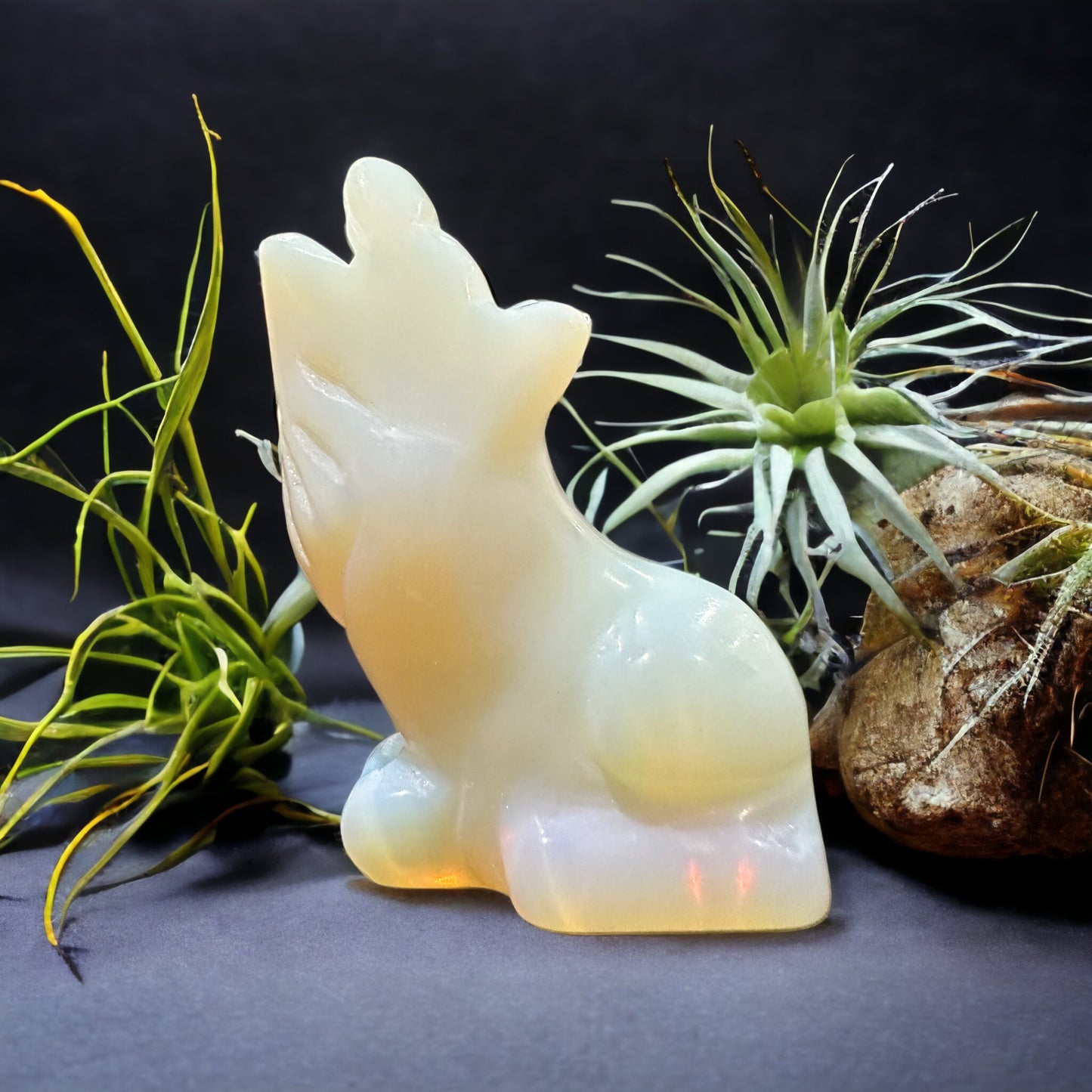 Opalite crystal wolf carving