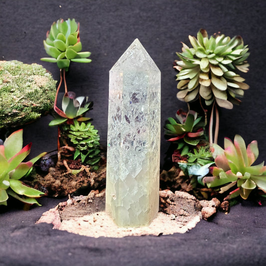 Aura crackle quartz crystal tower