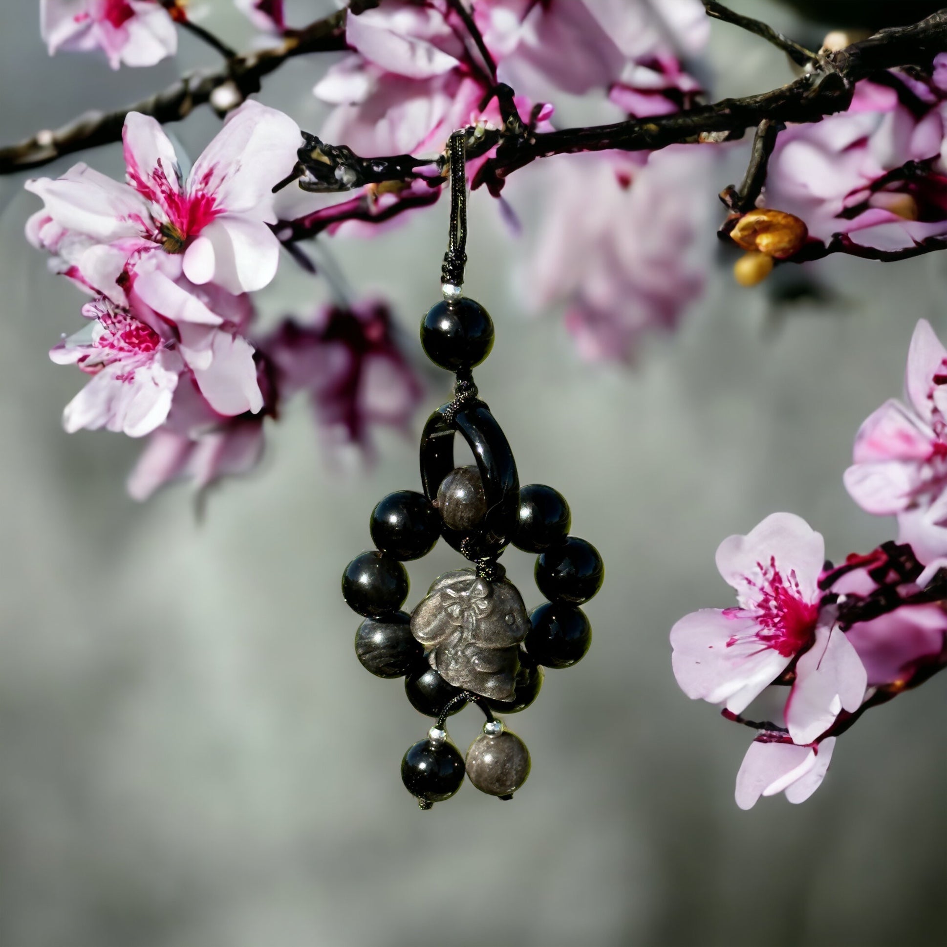 Obsidian and silver sheen crystal hanging