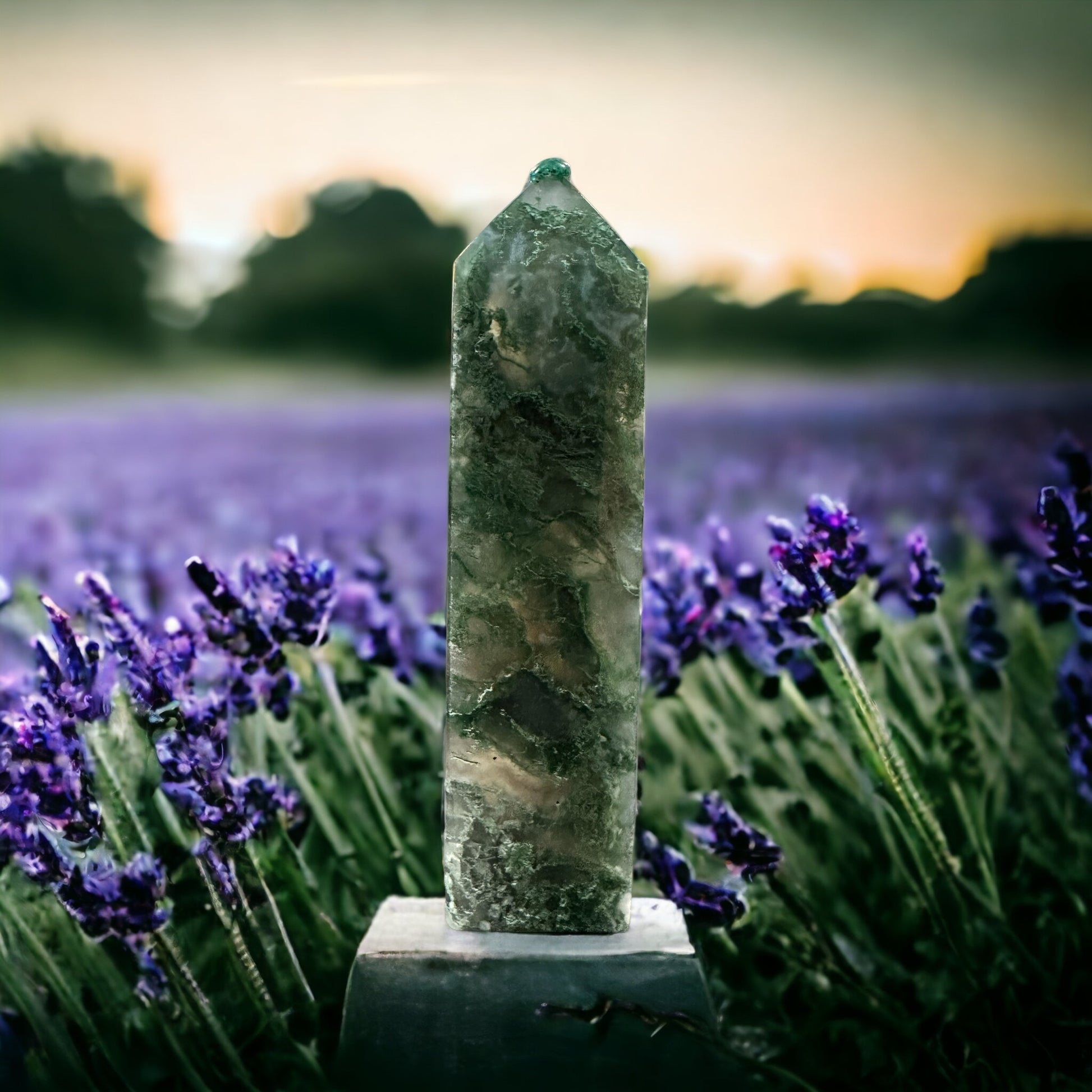 Moss agate crystal tower