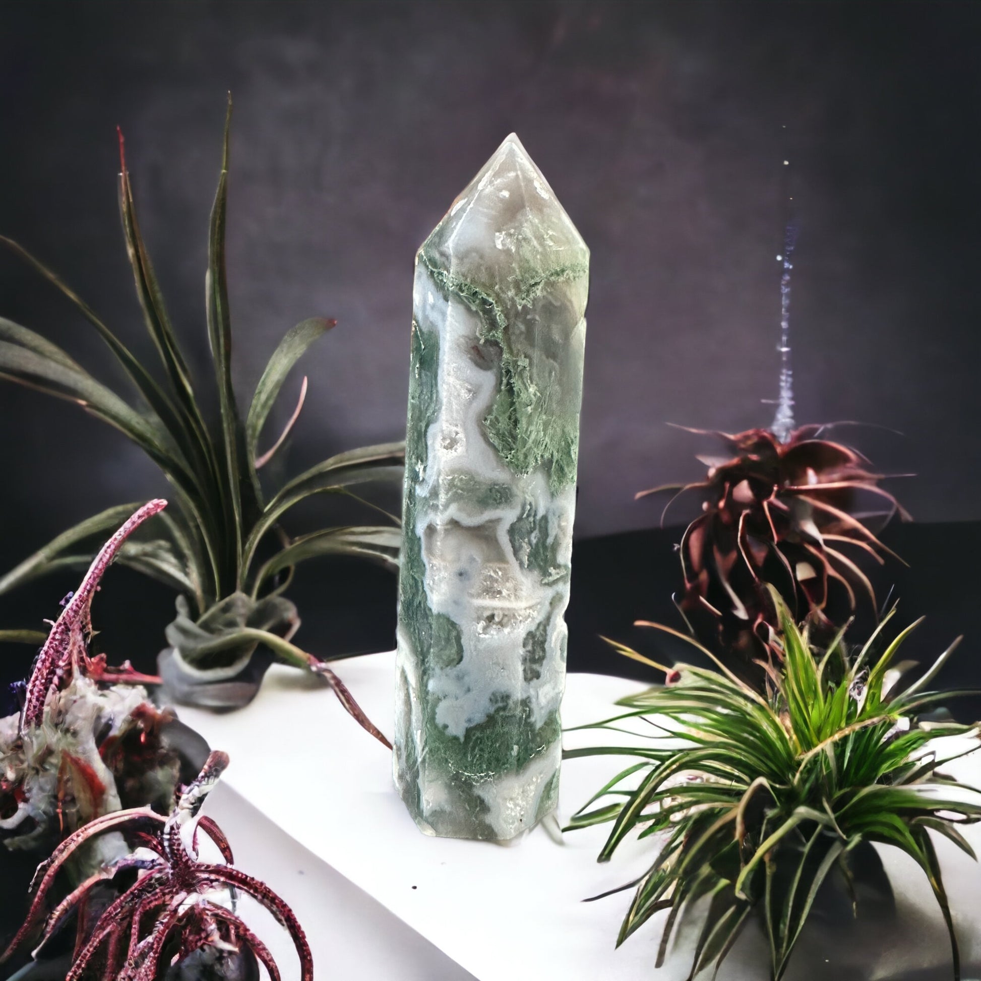 Moss agate crystal tower