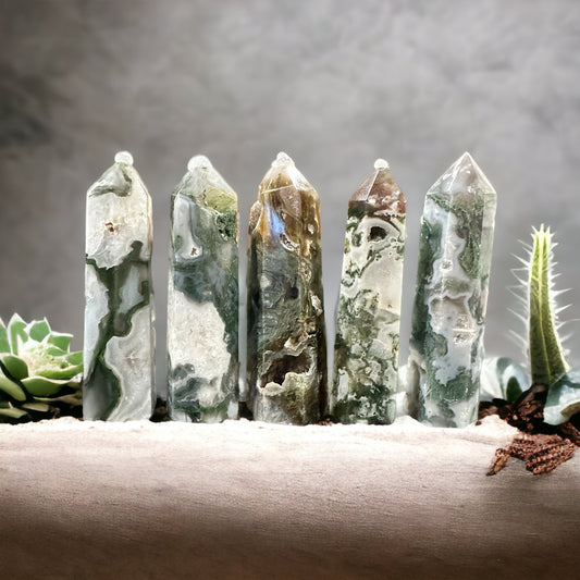 Moss agate crystal tower