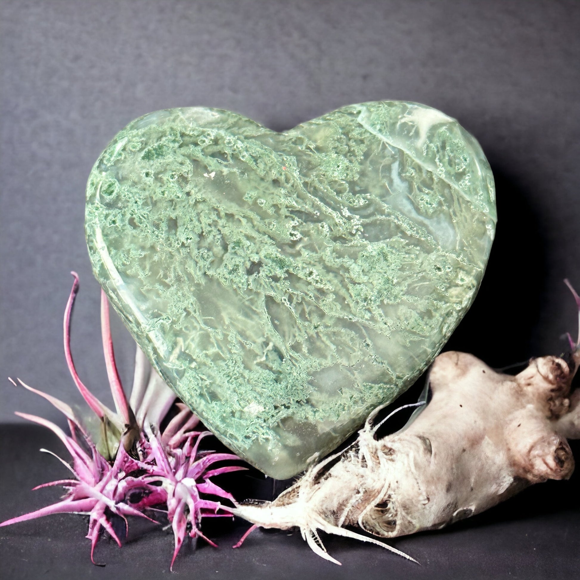 Moss agate crystal heart