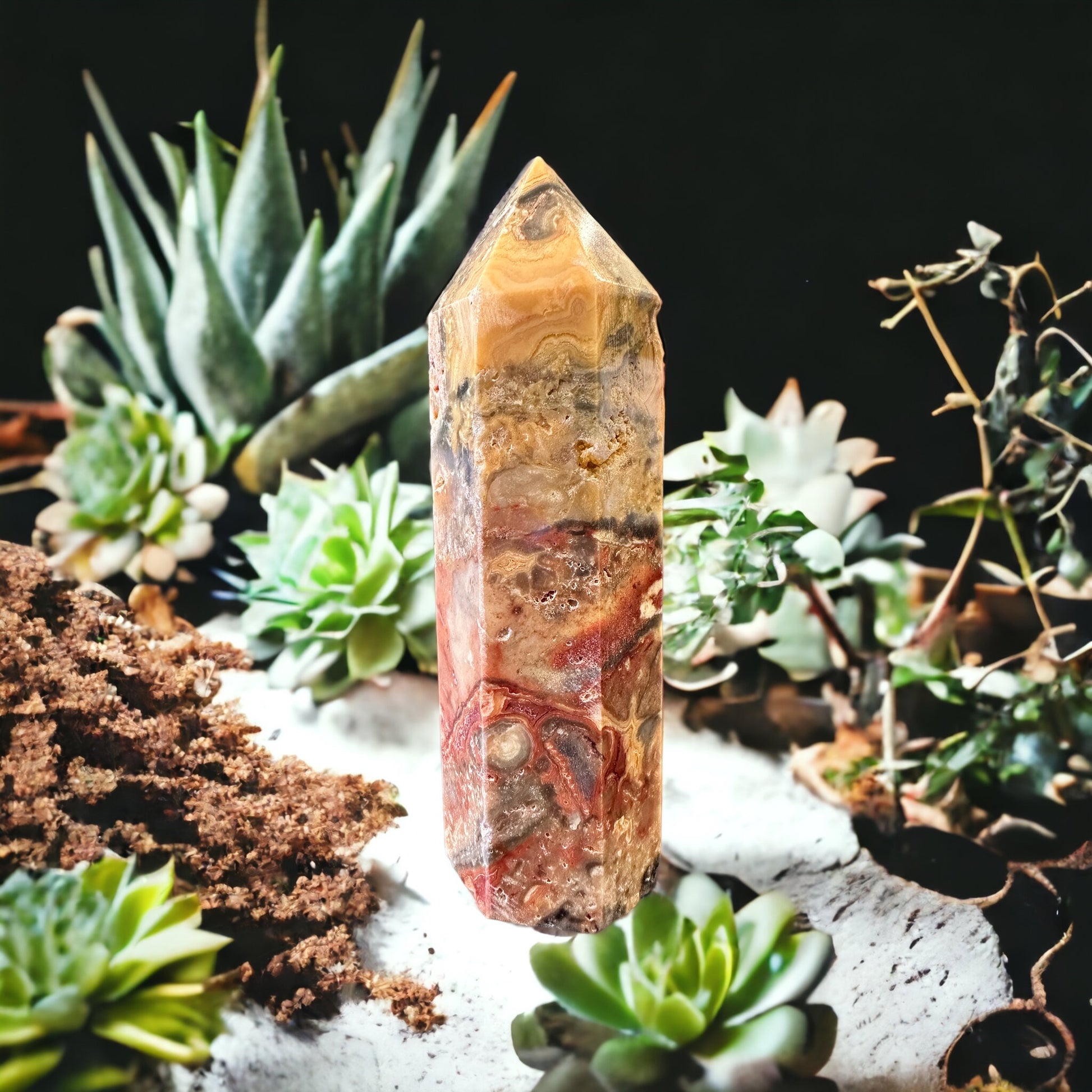 Crazy lace agate crystal tower