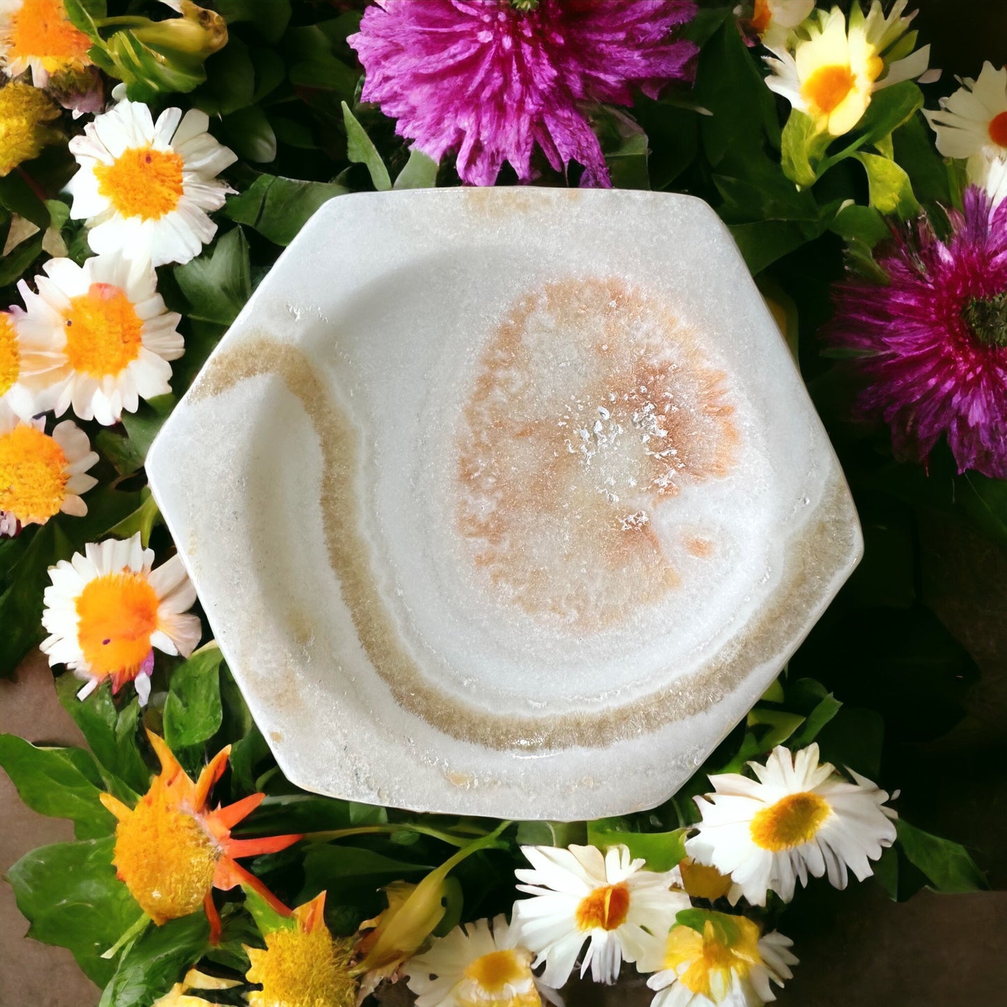 Aragonite crystal bowl and soap dish