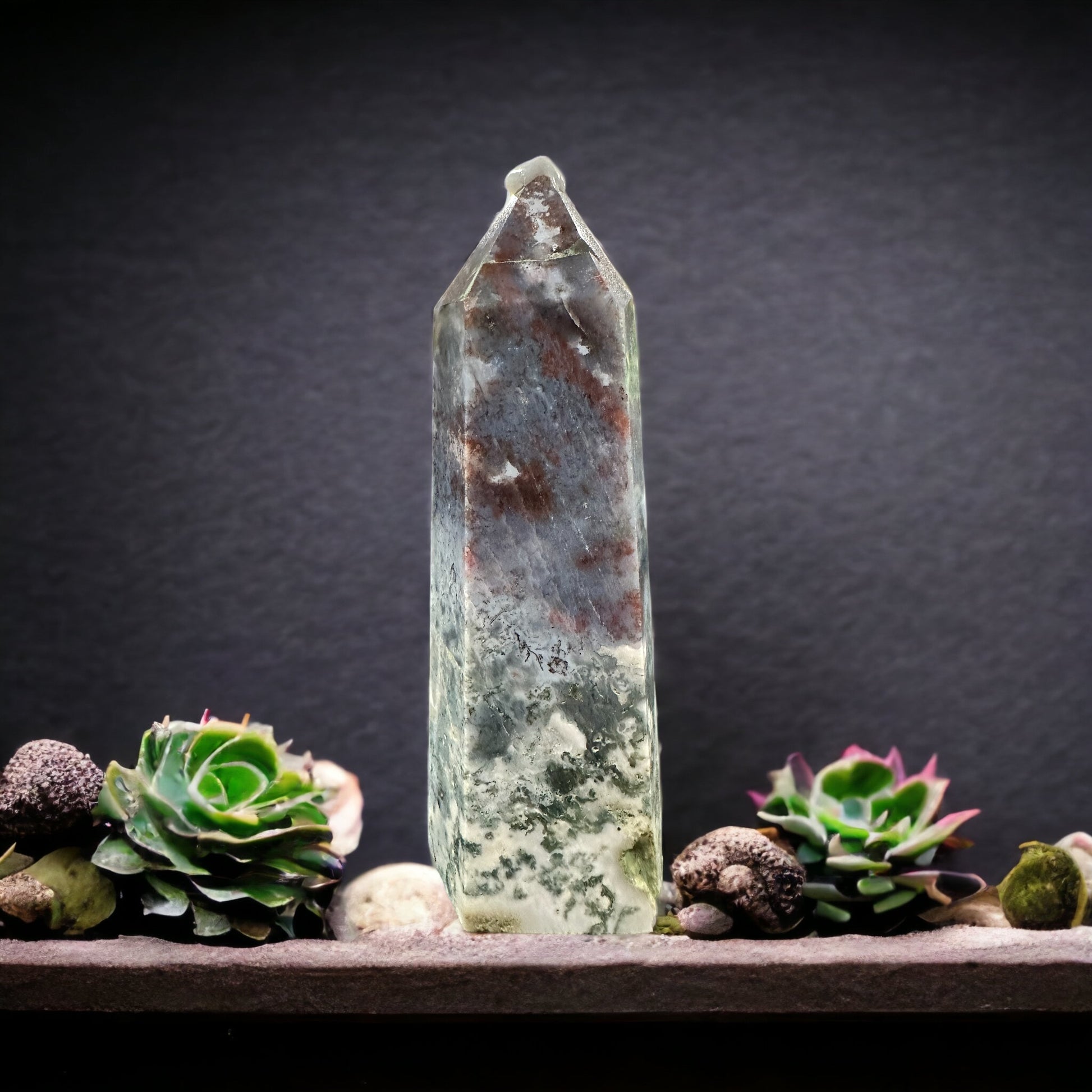 Purple moss agate crystal tower