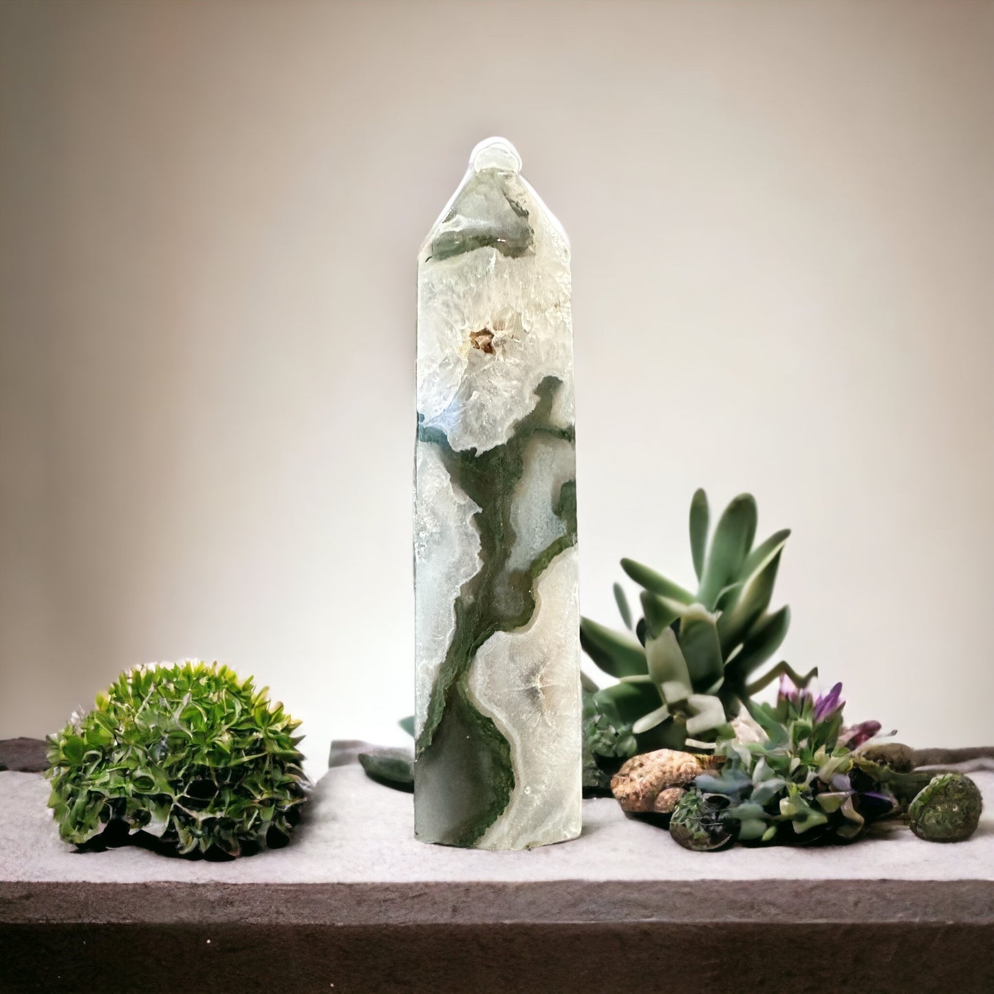 Moss agate crystal tower