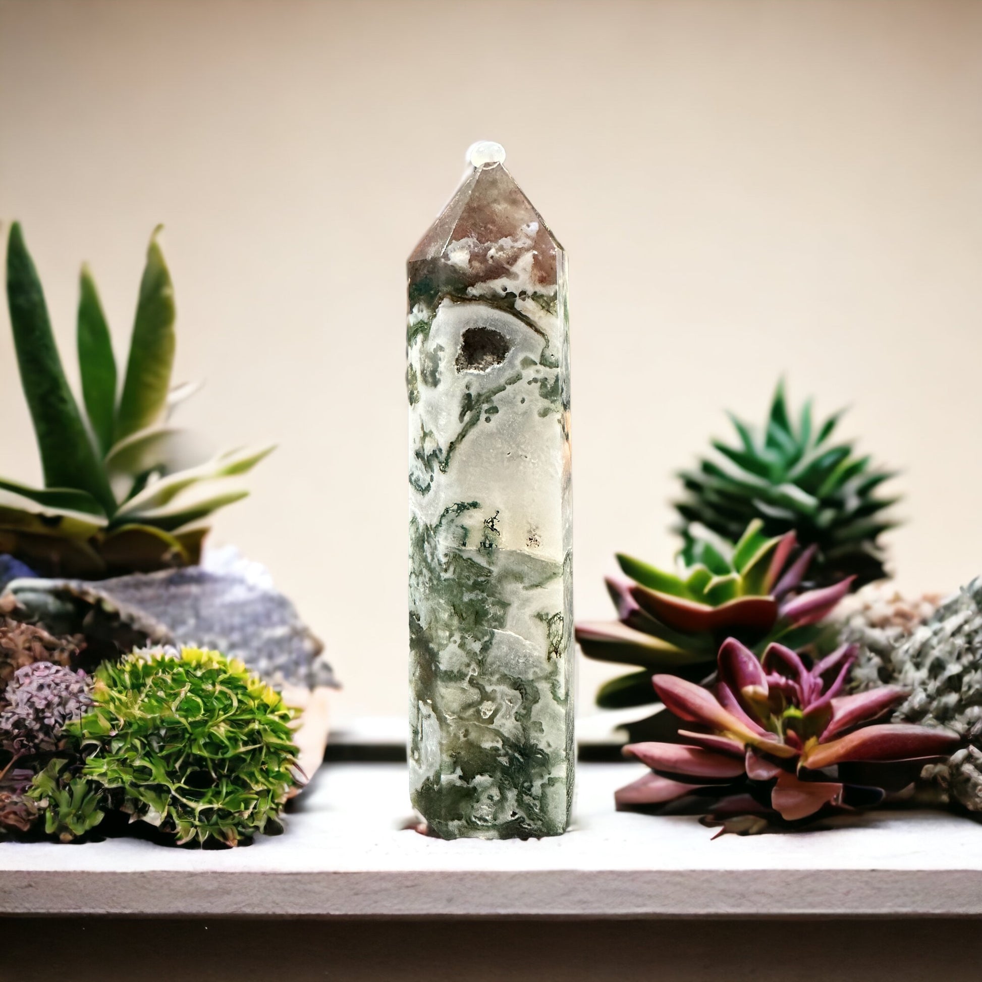 Moss agate crystal tower