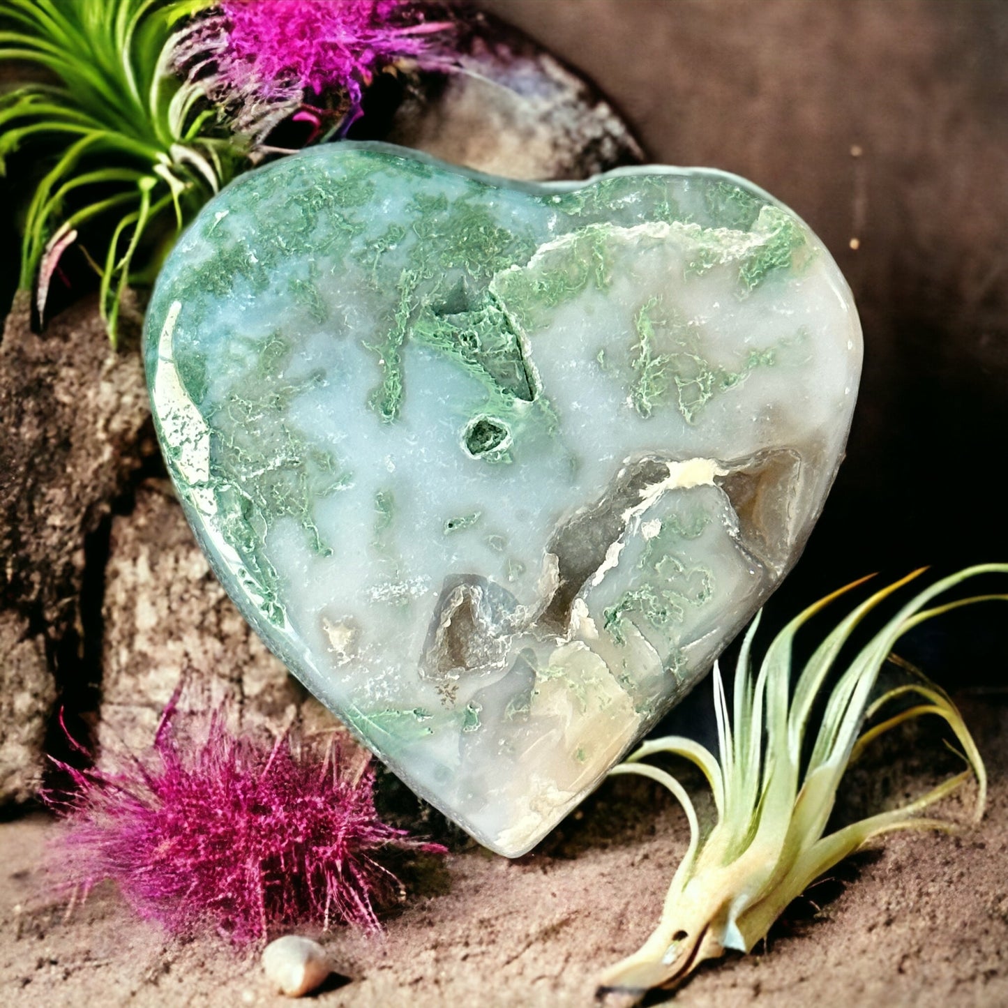 Moss agate crystal heart