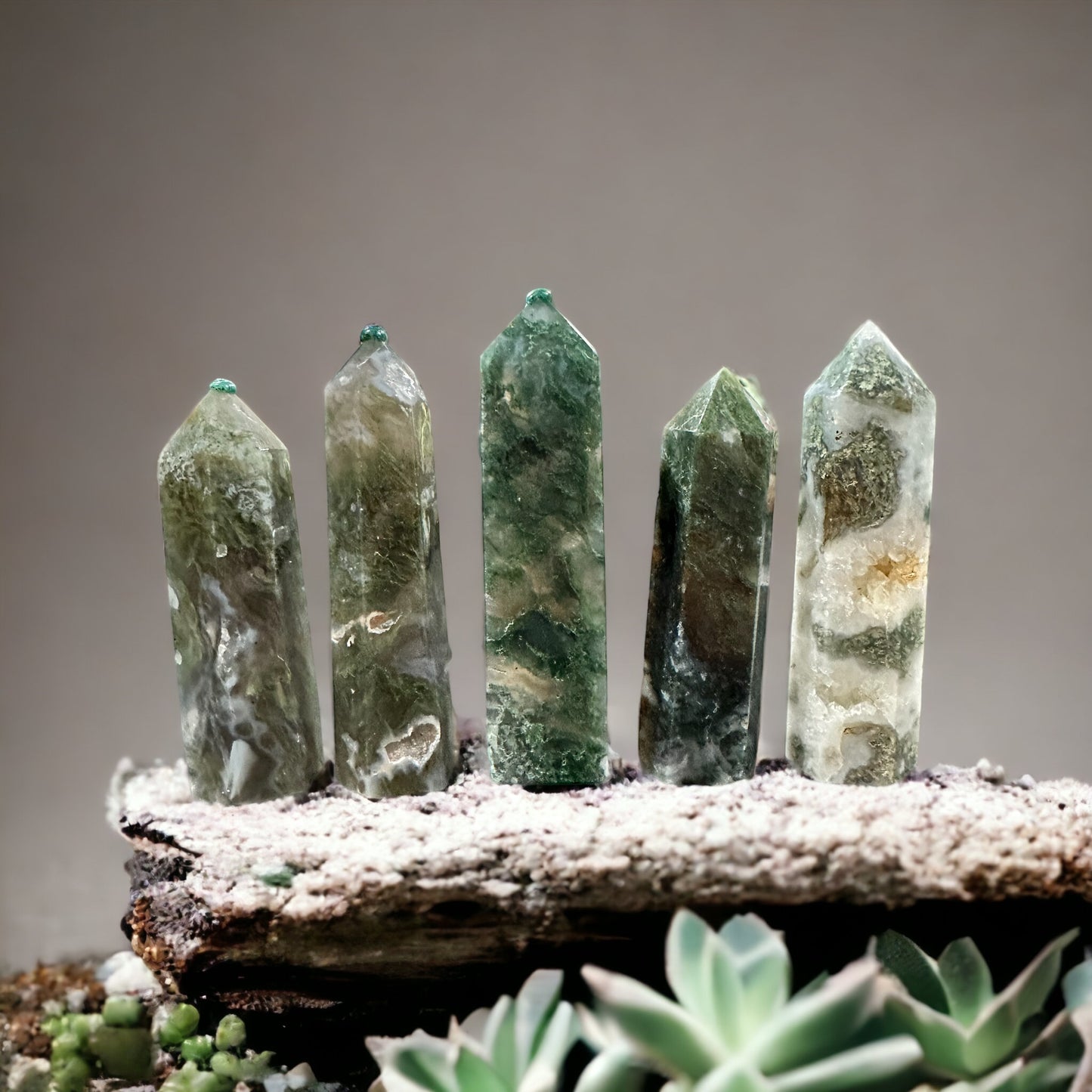 Moss agate crystal tower