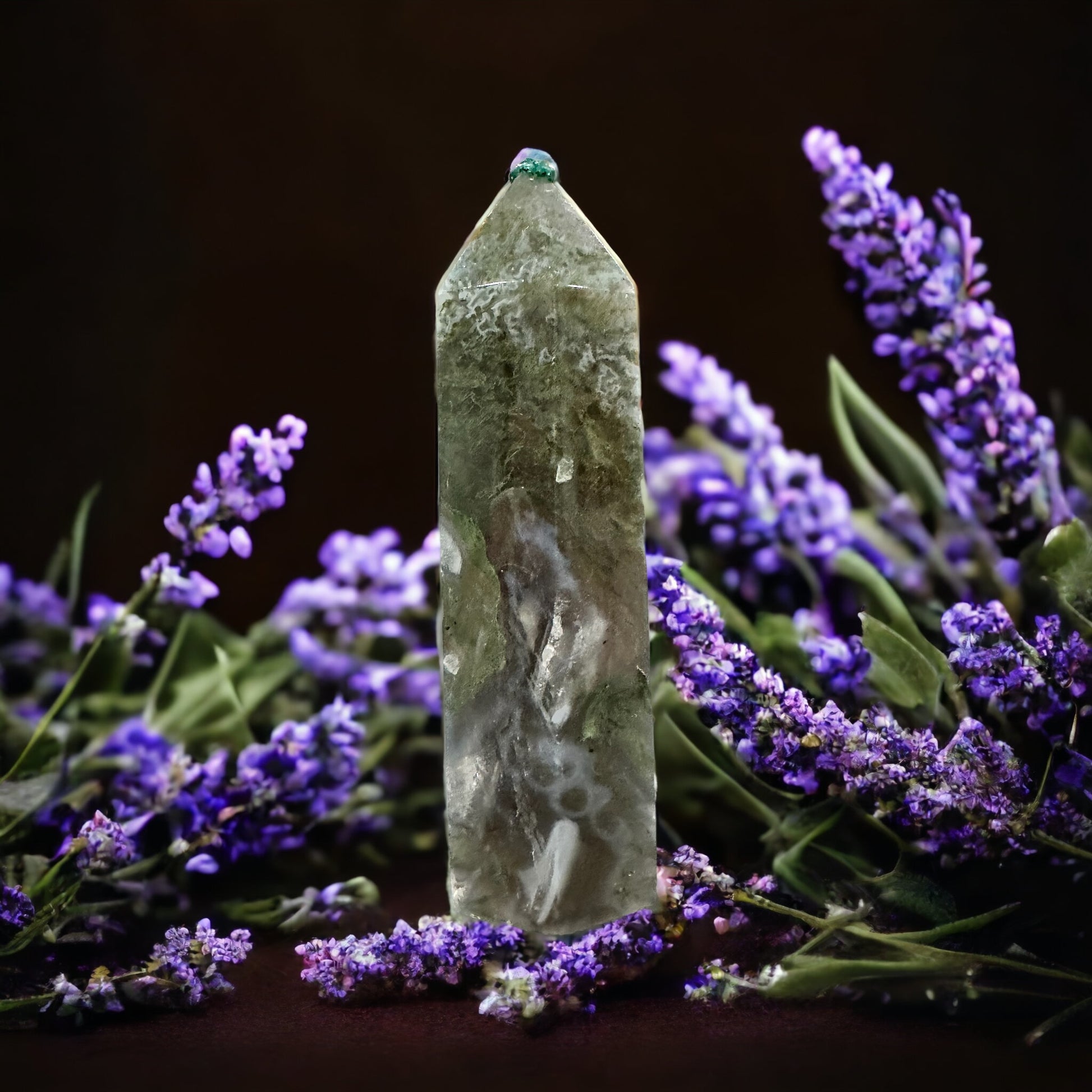 Moss agate crystal tower