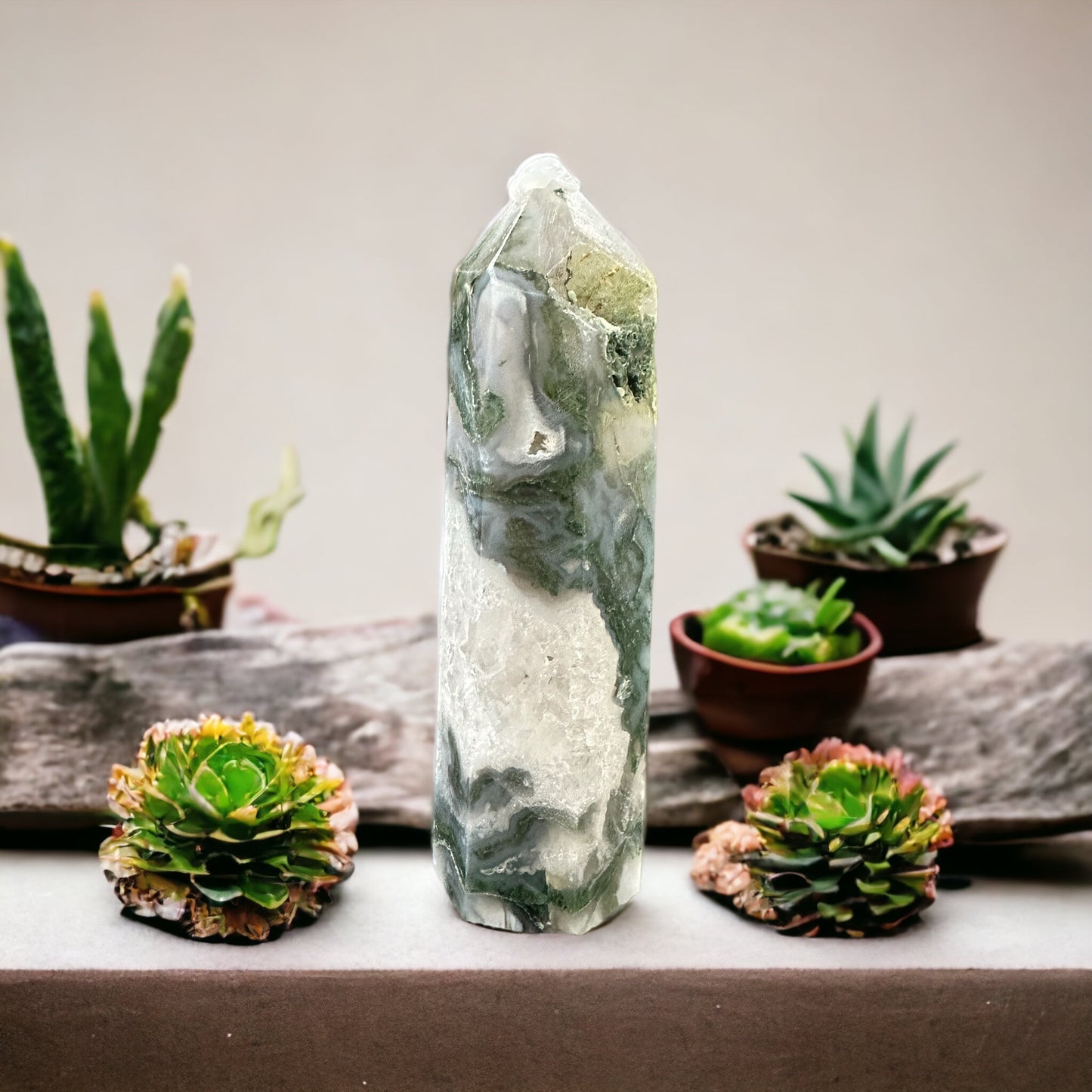 Moss agate crystal tower